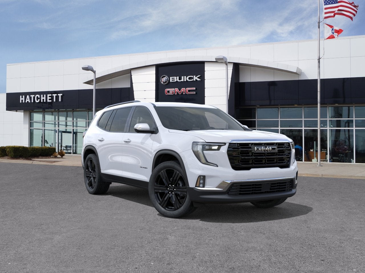 2026 GMC Acadia Elevation in Summit White — front three-quarter view