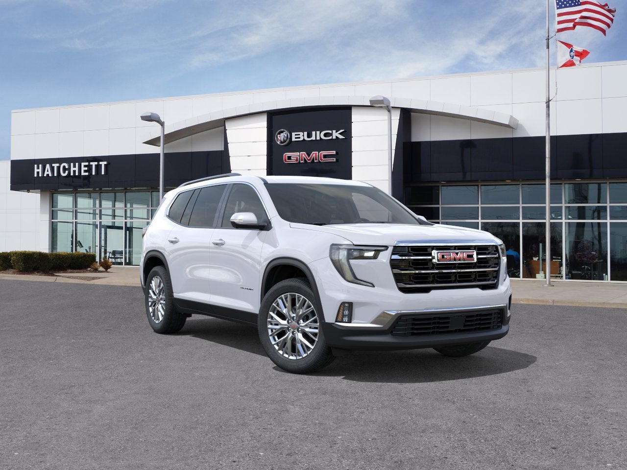2026 GMC Acadia Elevation in Summit White — front three-quarter view