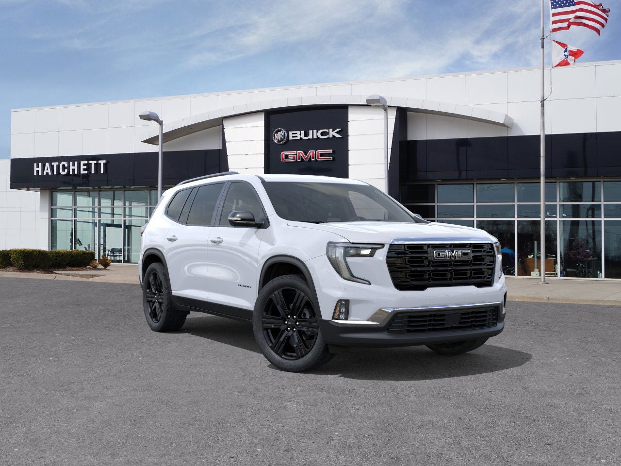 2026 GMC Acadia Elevation in Glacier White Tricoat — front three-quarter view