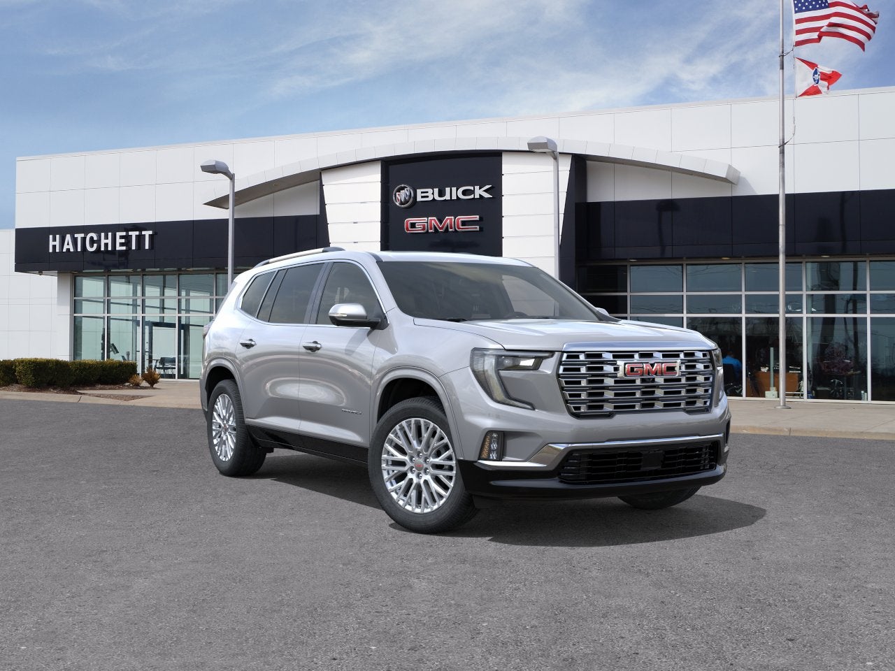 2026 GMC Acadia Denali in Sterling Metallic — front three-quarter view