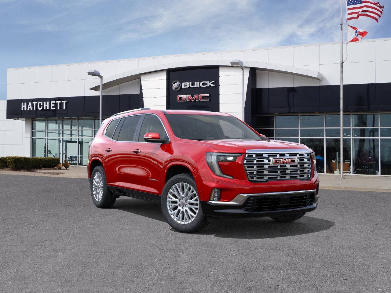 2026 GMC Acadia Denali in Volcanic Red Tintcoat — front three-quarter view