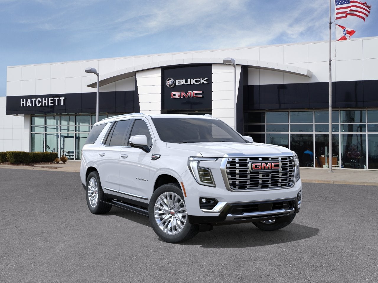 2026 GMC Yukon Denali in Glacier White Tricoat — front three-quarter view