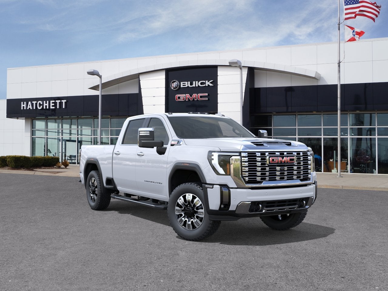 2026 GMC Sierra 2500 HD Denali in Glacier White Tricoat — front three-quarter view