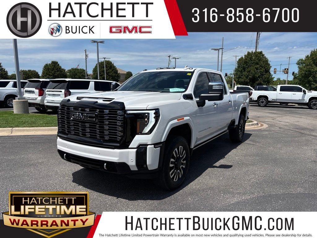 2025 GMC Sierra 2500 HD Denali Ultimate in White Frost Tricoat — front three-quarter view
