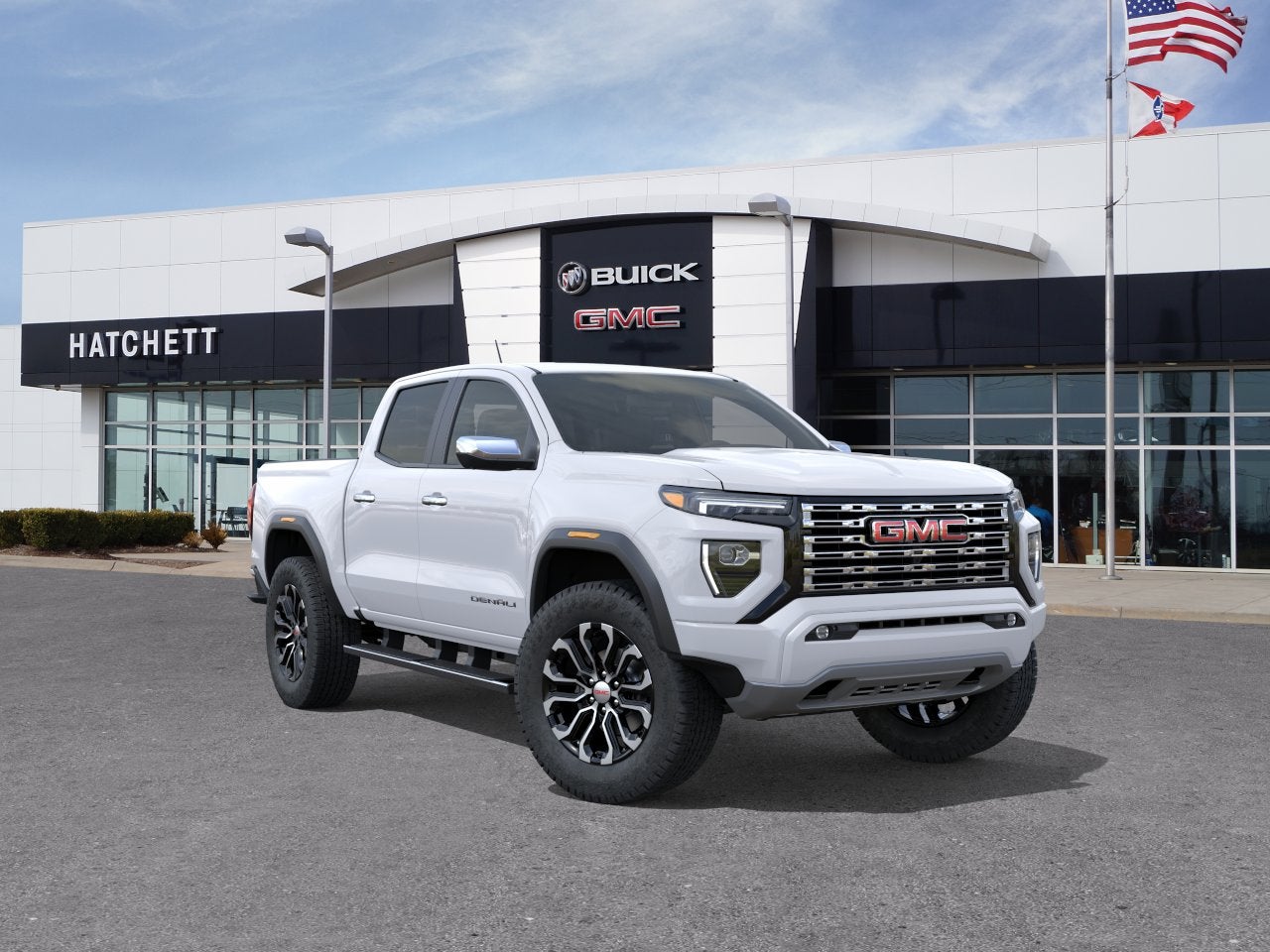 2026 GMC Canyon Denali in Summit White — front three-quarter view