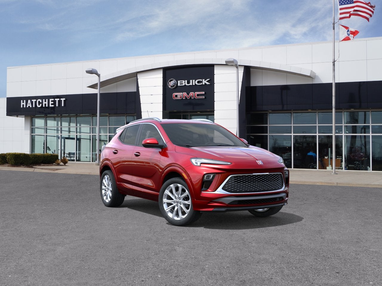 2026 Buick Encore GX Avenir in Brilliant Red — front three-quarter view