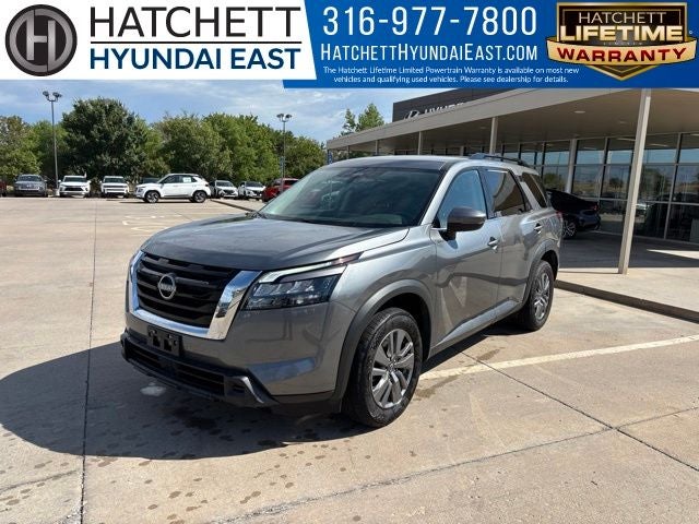 2025 Nissan Pathfinder SV in Gun Metallic — front three-quarter view
