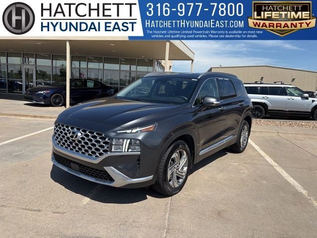 2021 Hyundai Santa Fe SEL in Portofino Gray — front three-quarter view