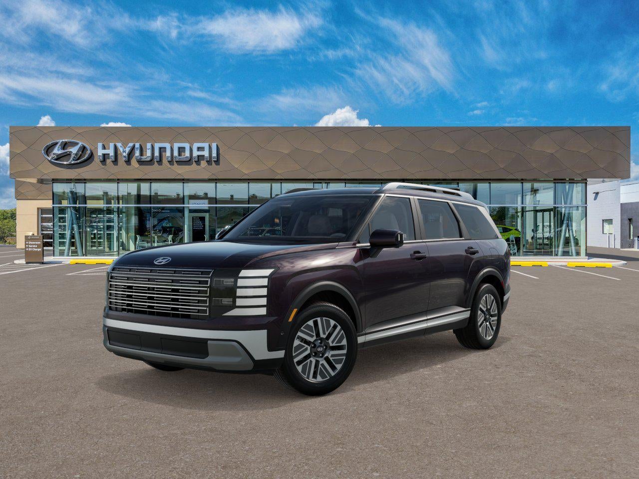 2026 Hyundai Palisade Hybrid SEL Premium 7P in Galaxy Maroon Pearl — front three-quarter view