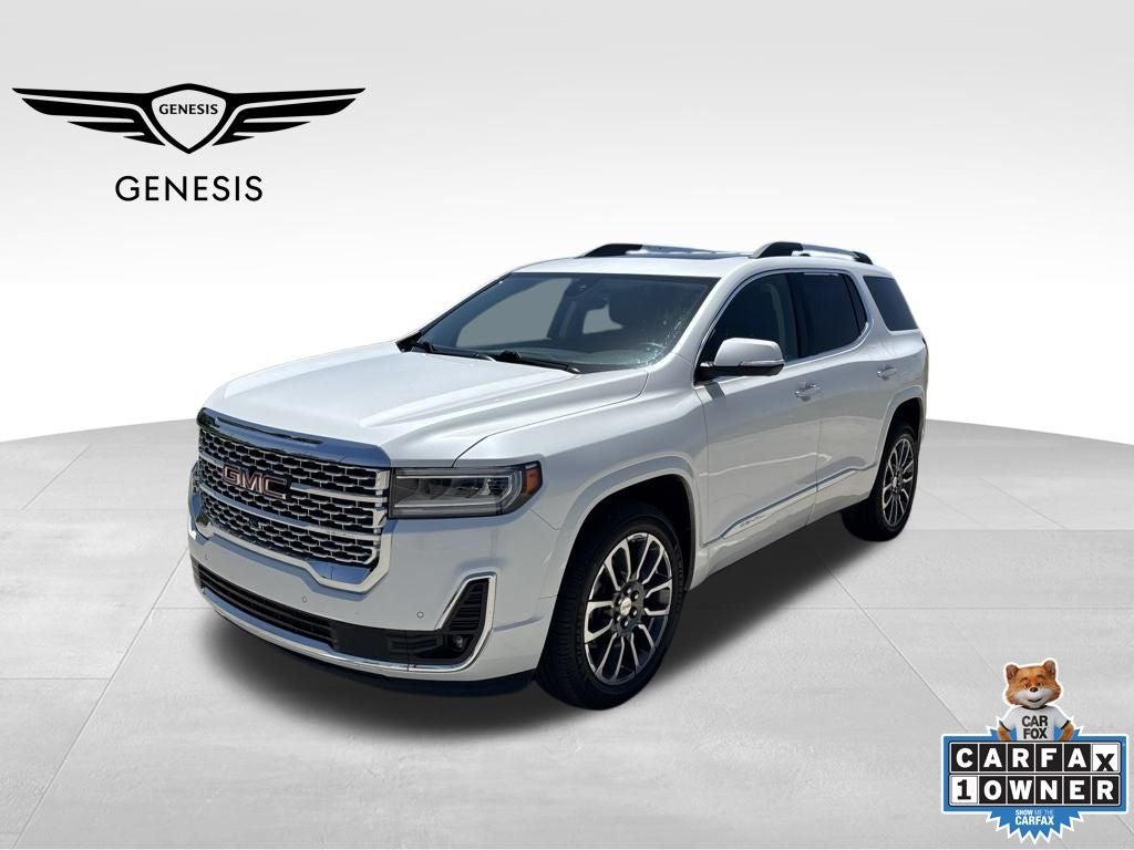 2020 GMC Acadia Denali in White Frost Tricoat — front three-quarter view
