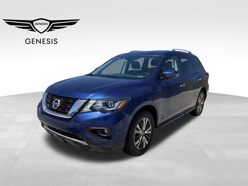 2019 Nissan Pathfinder SV in Caspian Blue Metallic — front three-quarter view