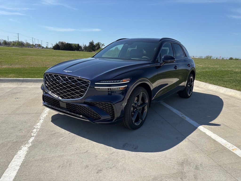 2026 Genesis GV70 3.5T Sport Prestige in Capri Blue — front three-quarter view