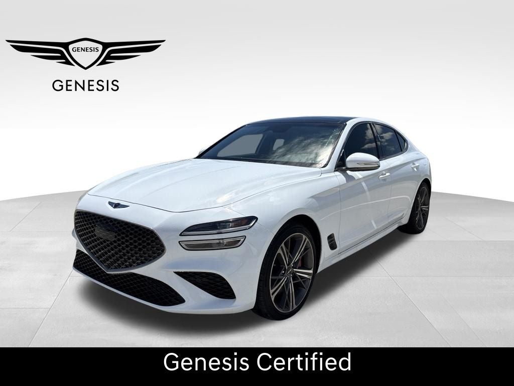 2025 Genesis G70 2.5T Sport Prestige AWD in Alta White — front three-quarter view